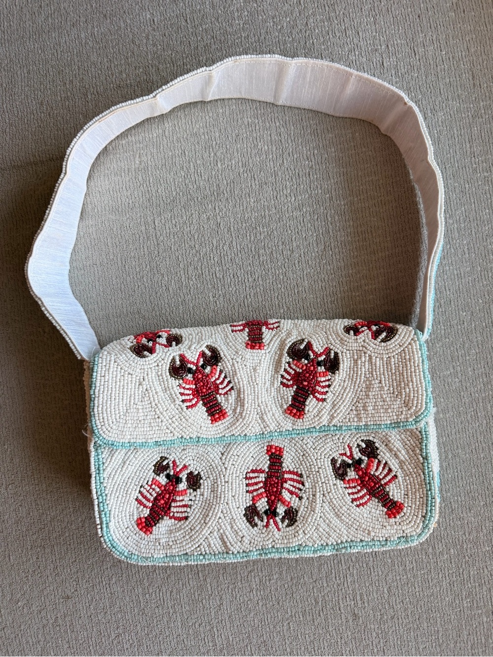 Beaded Lobster Motif Shoulder Bag in White and Red